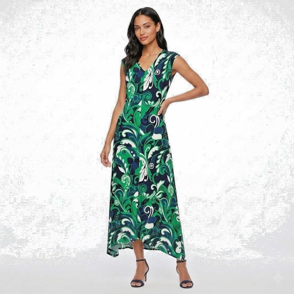 Chico's Travelers Midi Dress Womens Size 2 US Large Green Blue Scroll Sleeveless